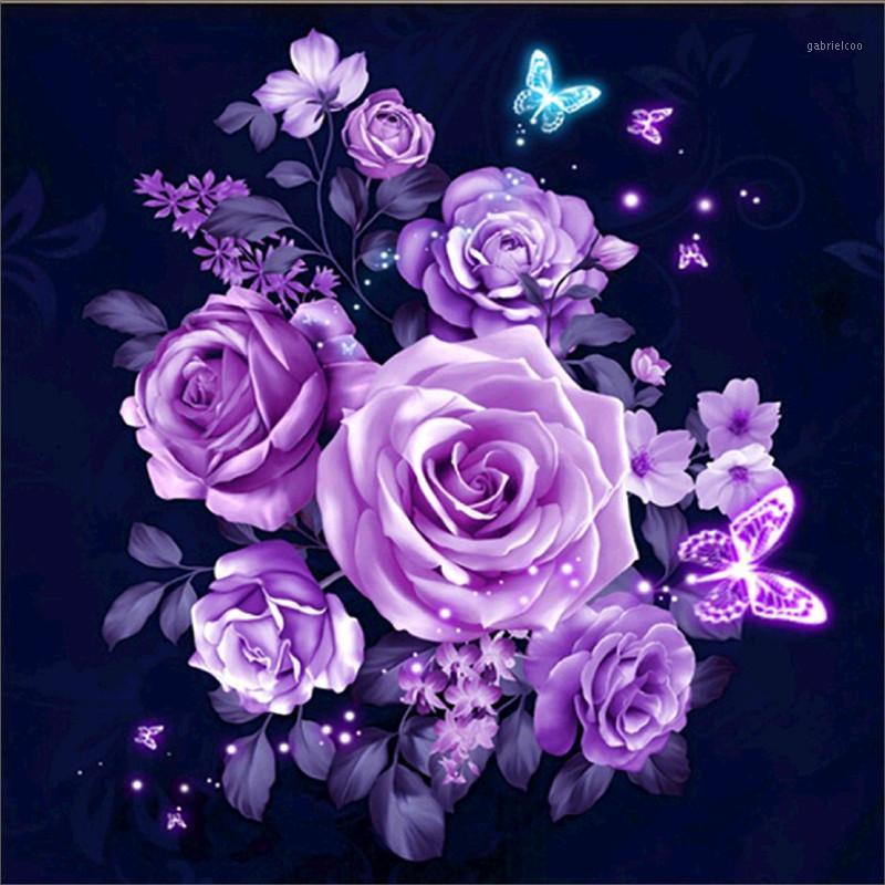 

5D Diamond Embroidery DIY Round Diamond Purple Rose Flower Butterflies Picture Painting Cross Stitch Home Decals1