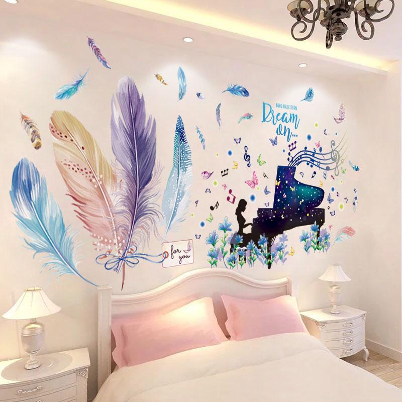 

shijuekongjian] Cartoon Girl Wall Stickers DIY Colorful Feathers Mural Decals for Kids Bedroom Baby Room Nursery Decoration