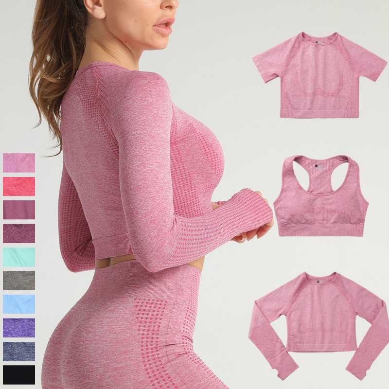 

10 Colors Seamless Sports Bra Short/Long Sleeve Crop Top Yoga Workout Sportswear Gym Clothing, Pink t-shirt