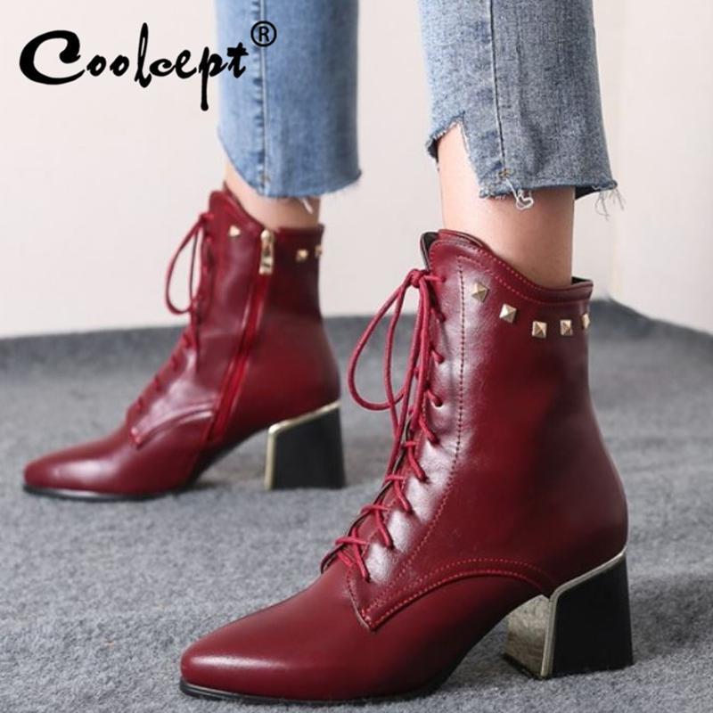 

Coolcept Women Boots Rivets Thick Heel Winter Shoes Woman Ankle Boots Warm Woman Short Boot Footwear Size 32-431, Black