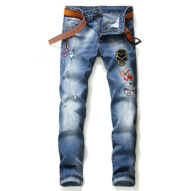 

21SS Men's brand Designers Jeans Distressed Ripped Slim Fit Biker Denim pants Mens Leisure fashion high quality Jeans skull Jeans 11, Blue