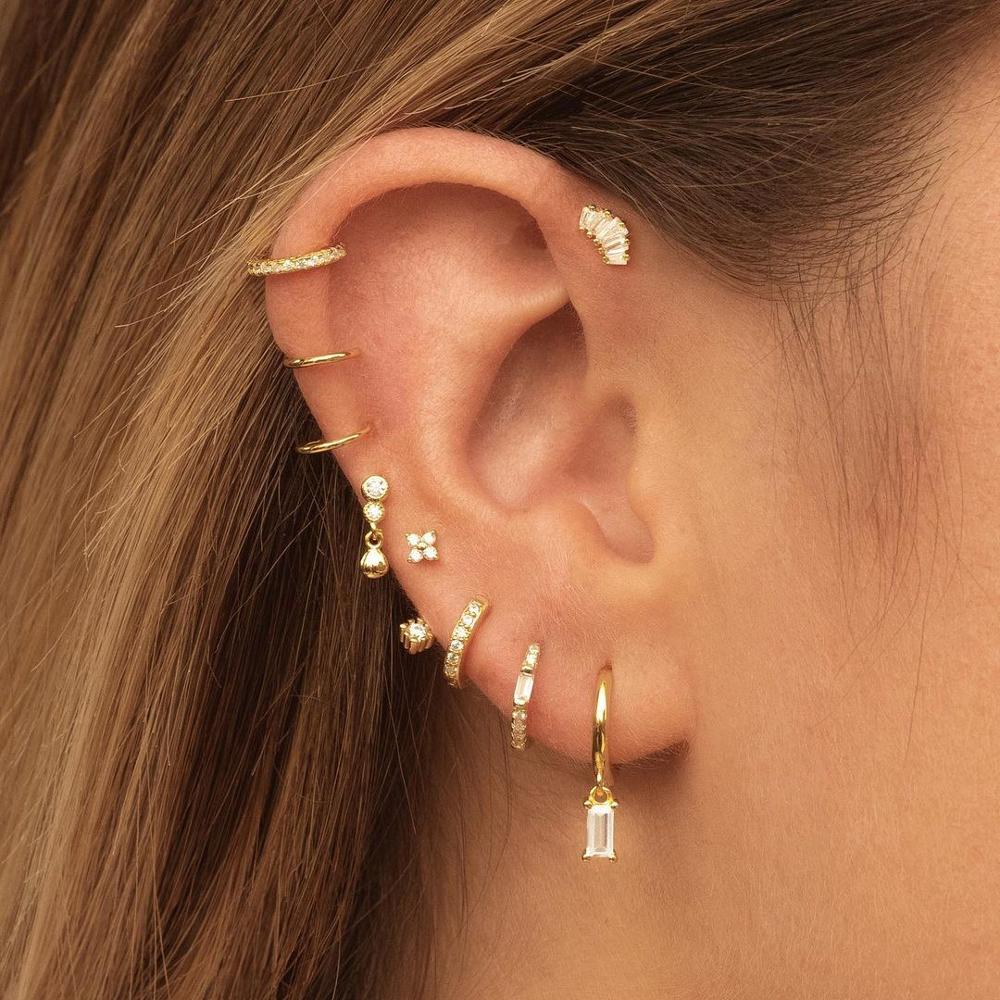 

18k Gold Vermeil 925 Sterling Silver Charm Hoop Earring Geometric 3*6MM Baguette CZ Minimal Multi Piercing Earrings