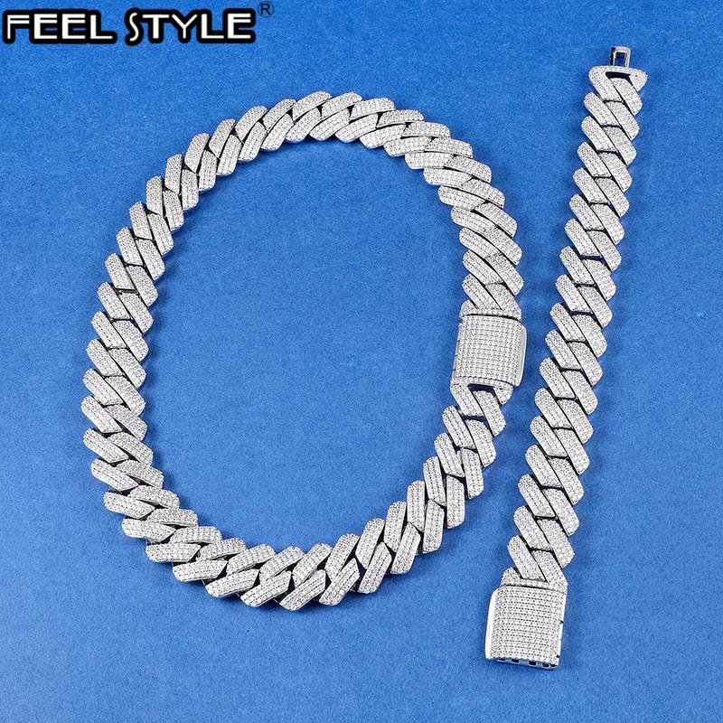 

Hip Hop 19MM 3 Row Heavy Cuban Prong Bling Iced Out Box Buckle Gold Copper Setting + CZ 2Set Chain Bracelet For Men Jewelry