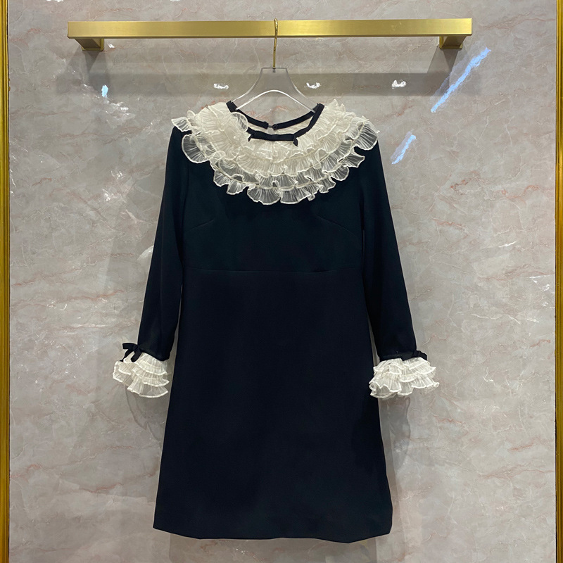 

Organza collar dress for women' early spring 2020 new long sleeve multi lace mesh Ruffle Skirt evening dress, Black