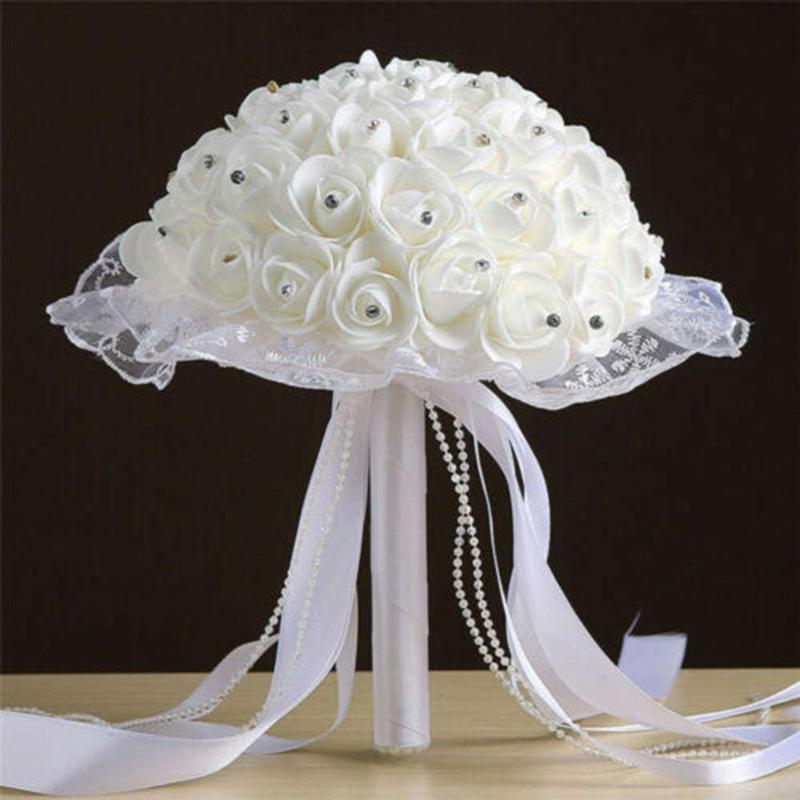 

Bridal Wedding Ribbon Beaded Bouquet Flower Foam Artificial Flower Rose Bouquet Party Wedding Decoration, Green
