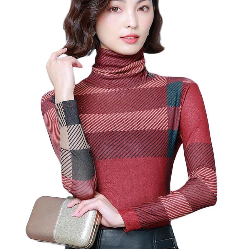 

Lace Blouse Women Shirts Long Sleeve Turtleneck Slim Striped Print Shirt Women Tops Casual Plus Size Blouses Camisas Mujer, Photo color