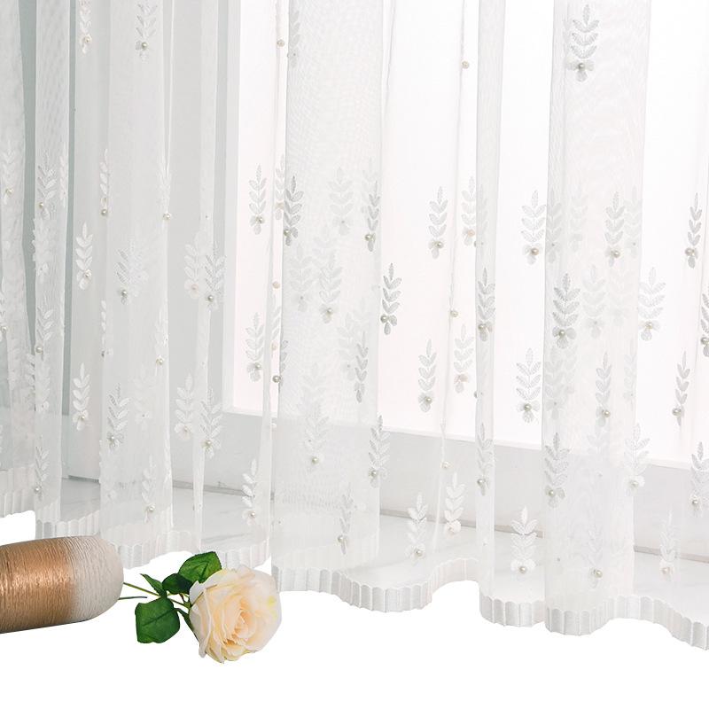 

Rustic Curtain Pearls for Living Room Leaves Pattern All- White Sheer Mesh Fabric Embroidery Voile Window Drape S299#40, Pearls leaves tulle