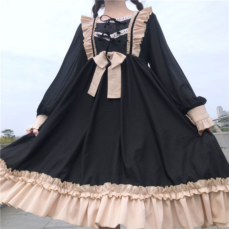 

2021 New Sweet Lolita Vintage Kawaii Bow Lace-up Designer Patchwork Knee Length Japanese Style Chic Fall Wear Women Jo3t, Red