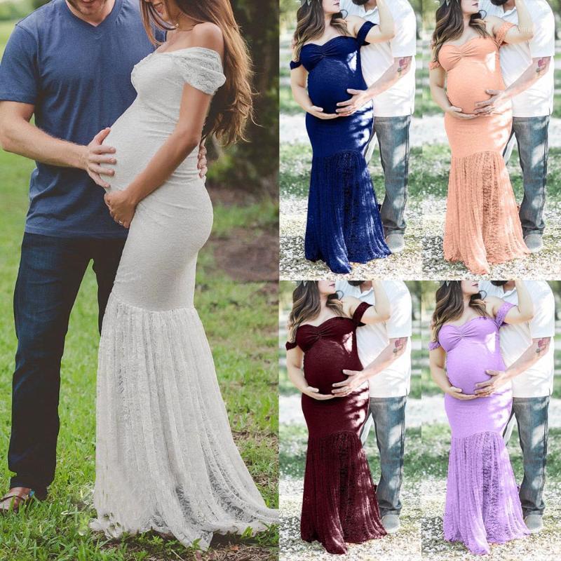 

Elegant Lace Maternity Dress Pography Props Long Dresses Pregnant Women Clothe Fancy Pregnancy Po Shoot1, White