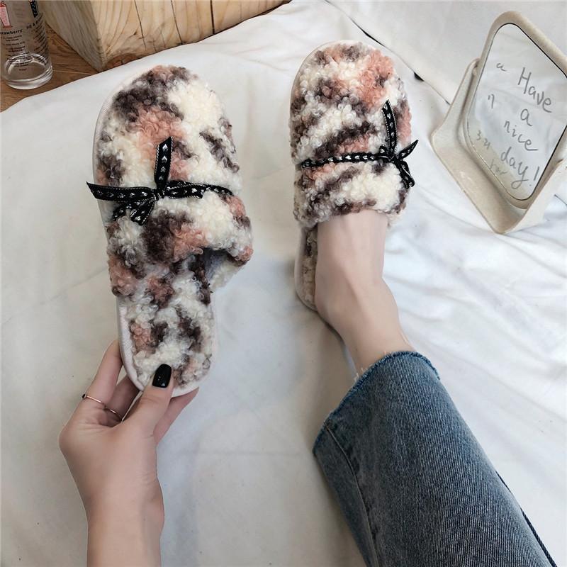 

COOTELILI Woman Slippers Winter Shoes For Women Home Slippers Faux Fur Warm Shoes Silk Ribbon Female Slides Leopard Print 36-41, Blue