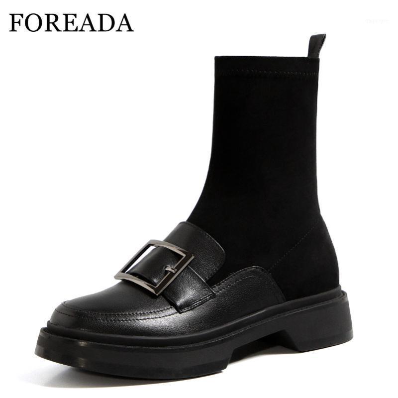 

FOREADA Natural Genuine Leather Mid Calf Boots Flat Platform Woman Boots Buckle Female Shoes Autumn Winter Black Wine Red 34-391, Black velvet lining