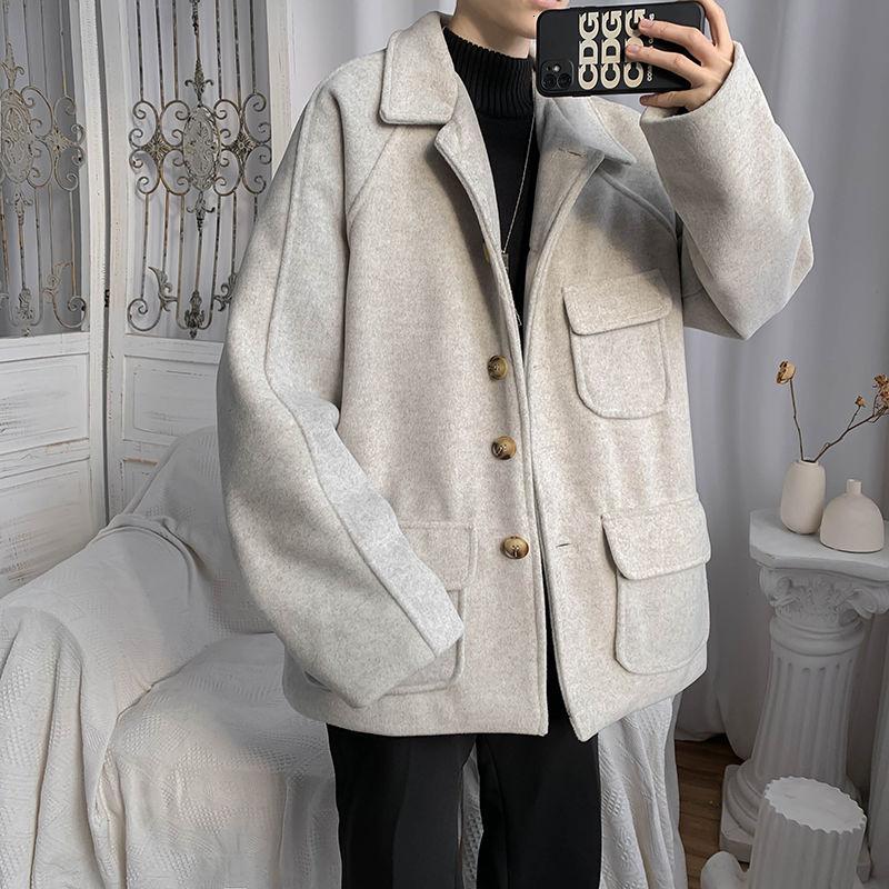 

Korean Style Short Woolen Coat Men's Fashion Casual Multi-pocket Woolen Coat Men Loose Autumn Winter Jacket Mens -2XL, Black