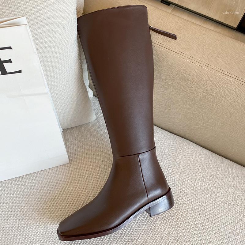 

Boots 2021 Genuine Leather Knee High Woman Zippers Autumn Winter Shoes Women Thick Low Heels Office Lady Pumps1, Beige