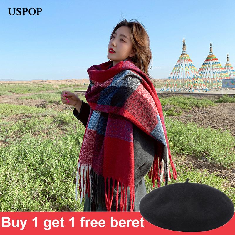 

USPOP 2020 Winter scarf women thickend plaid scarves long scarf tassel shawl
