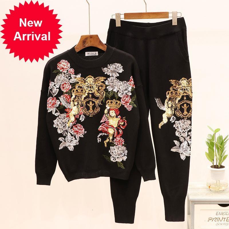 

New Track 2021 Mark of Floral Frizzy Sequins The-neck Fashion Female Sweater 2 Luxury Winter Parts Vintage C6OM, Black