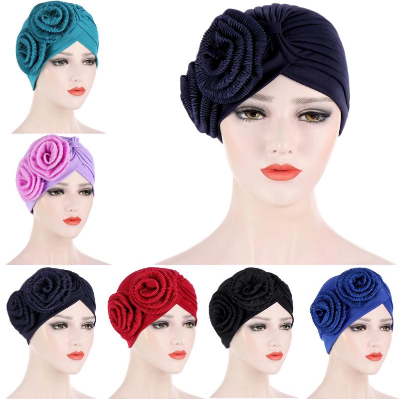 

Double Flower Turban Head Scarf Women Muslim Pleated Inner Bonnet Hair Loss Hat Chemo Cap Islamic Headwear Beanies Wrap, 03 navy