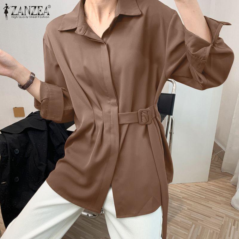 

Fashion Women Lapel Neck Belted Blouse Ladies Solid Shirt ZANZEA Elegant Long Sleeve Work Blusas Casual Buttons Tops Chemise, Black