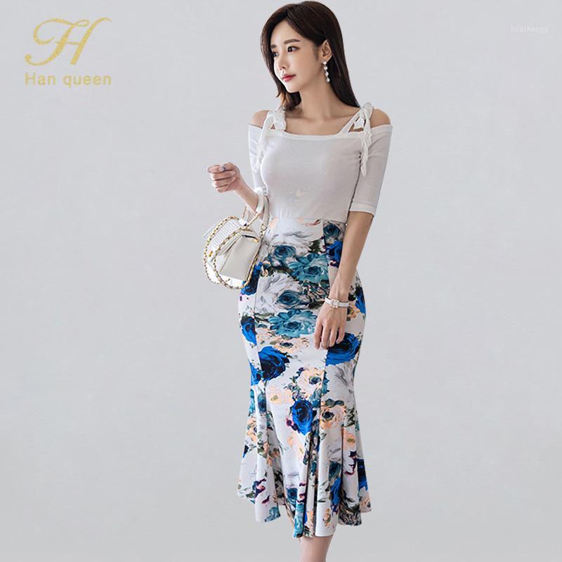 

Han Queen Women Summer Work Wear 2 Pieces Suit Off The Shoulder Blouses & Print Sheath Skirt Casual Occupation Set1 Two Piece Dress, Photo color