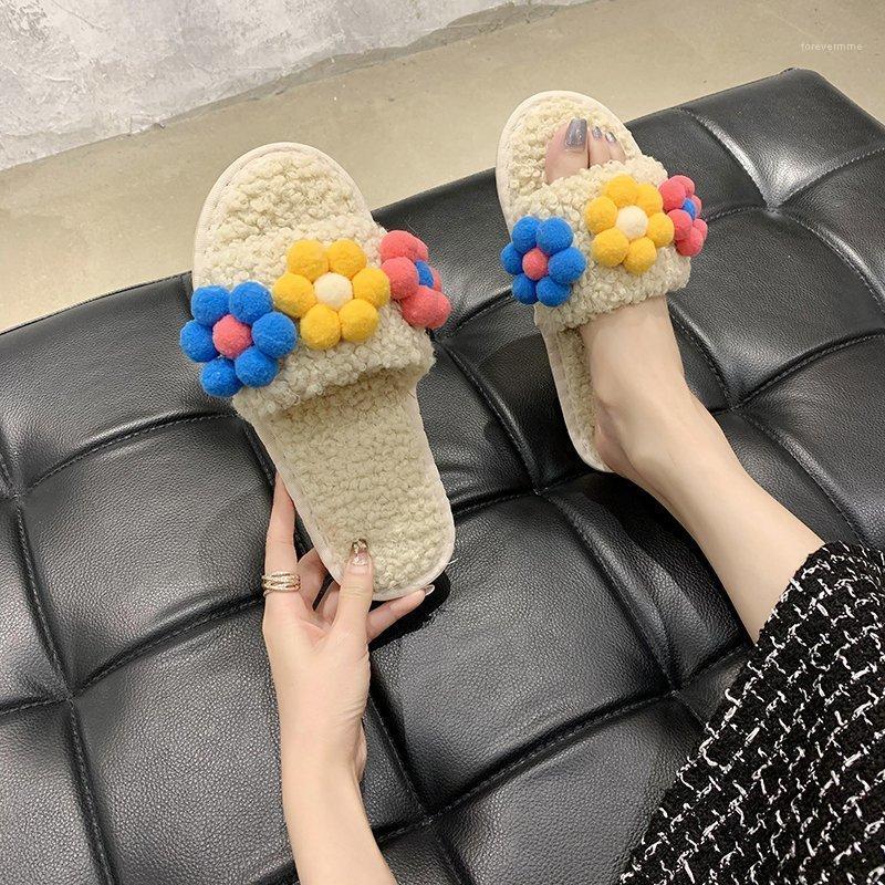 

Warm Women Shoes Woman Slippers Faux Fur Winter Slippers Flower New Fashion Slip on Flat Fur Female Slides Plus Size1, Black