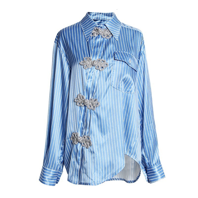 

2021 New Lapel sleeve mode lists shirt-bearing oblique spring asymmetric female national retro-loose style WLNS, Blue