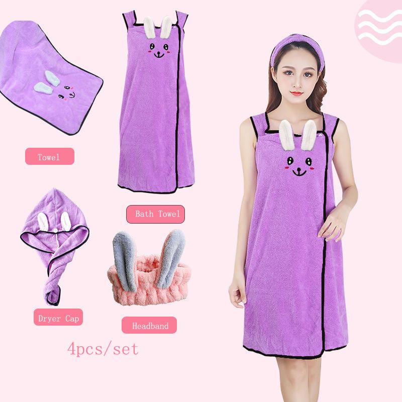 

Towel  4pcs/set Bath Sling Skirt Quick-drying Cartoon Suit Bathrobe+Hair Dryer Cap+Towel+Hairband Spa Towels, Random color