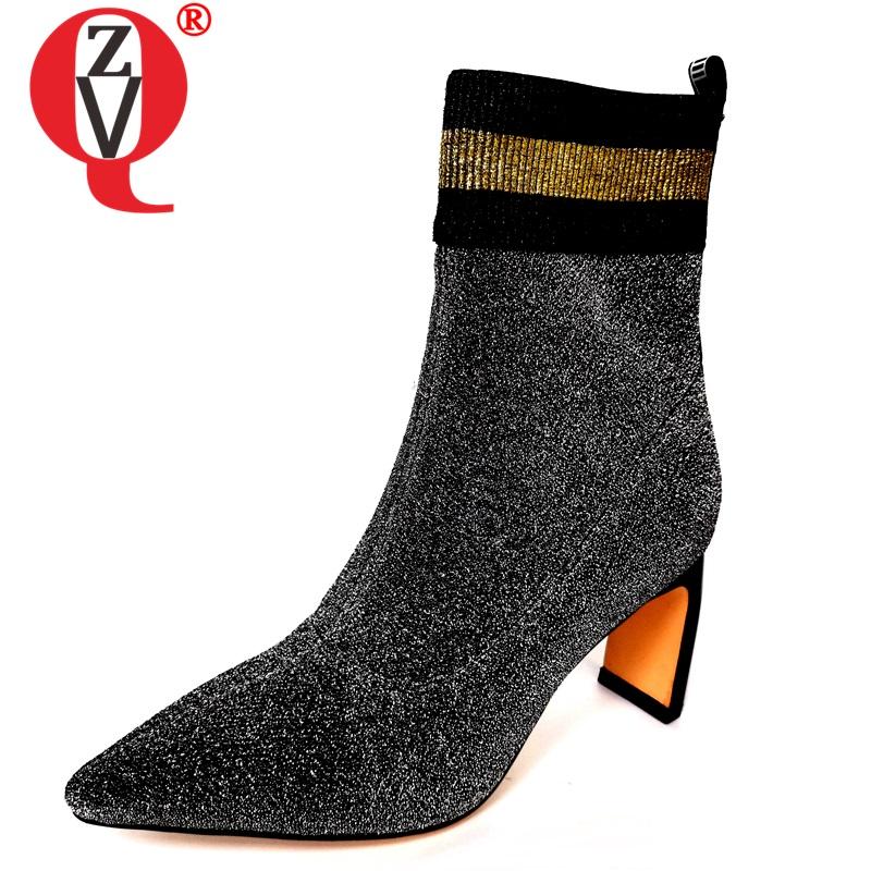 

ZVQ winter new fashion sexy ankle boots outdoor high heels pointed toe stretch boots plus size party women shoes drop shipping, Black