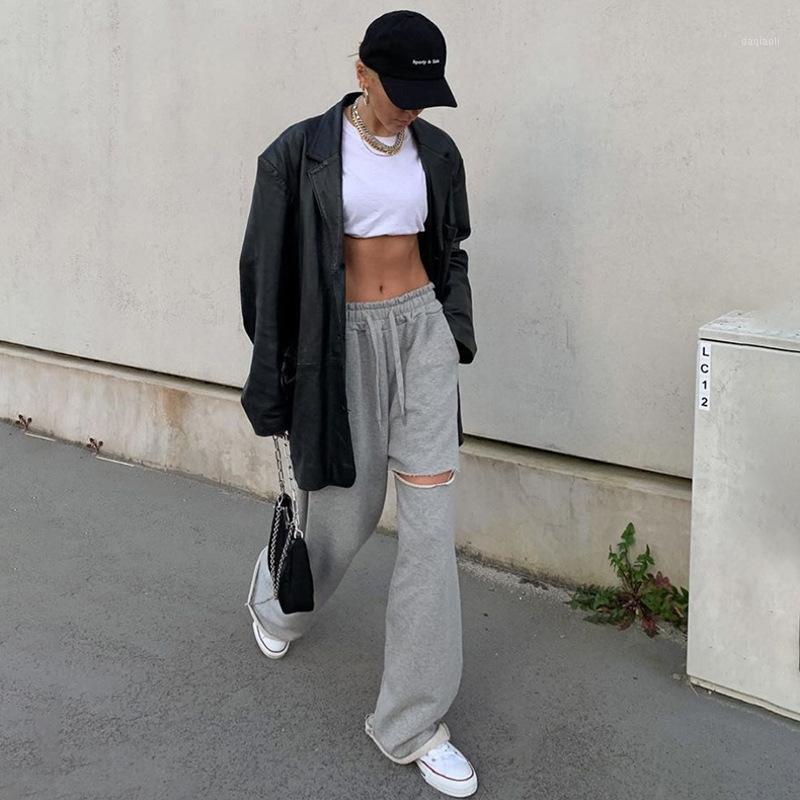

Women' Wide-Leg Ripped Trousers High-Waist Summer Loose Casual Wear Lace-up Grey Pants /21, As pic