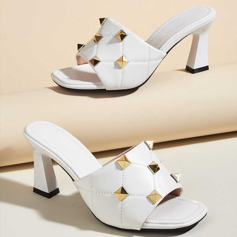 

Dress Shoes 2022 Early Spring Summer Latest Style Solid Rivet Decoration Sandals Slip On Women Heels Square Toe, Black