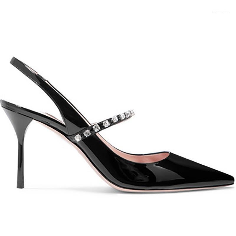 

Dream2020 Black Horizontal Classic with Handmade Rhinestone Thin Pointed Rear Empty High Heel Sandals for Women1