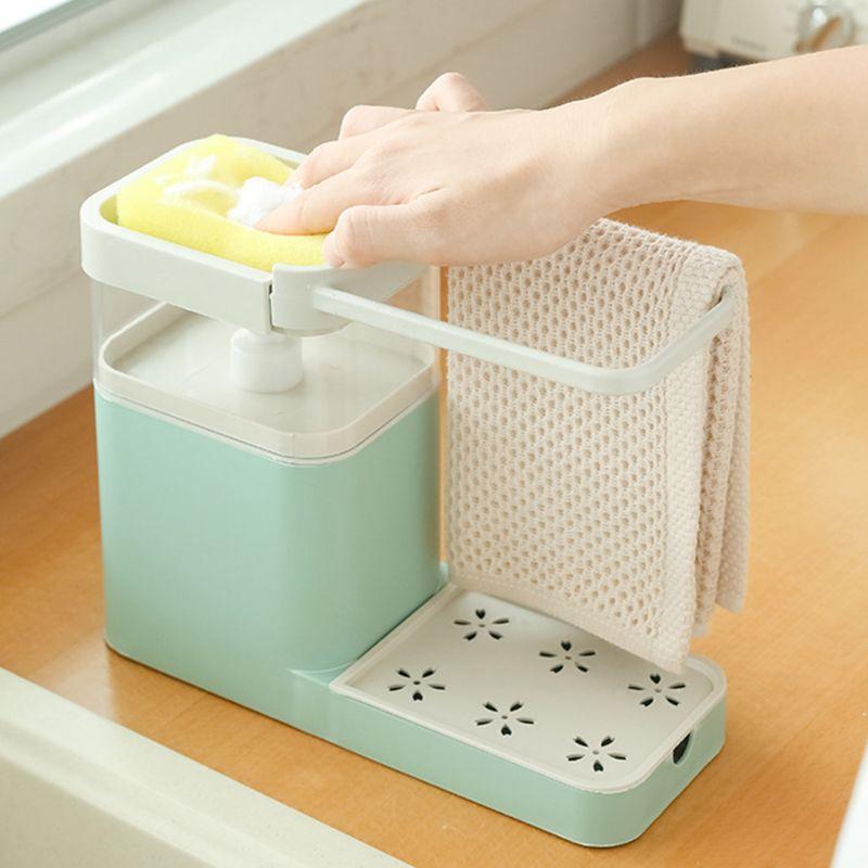 

Liquid Soap Dispenser 3 In 1 Pump Cleaning Container Sponge Holder Dishcloth Towel Rag Hanger Drain Organizer For Kitchen Bathro