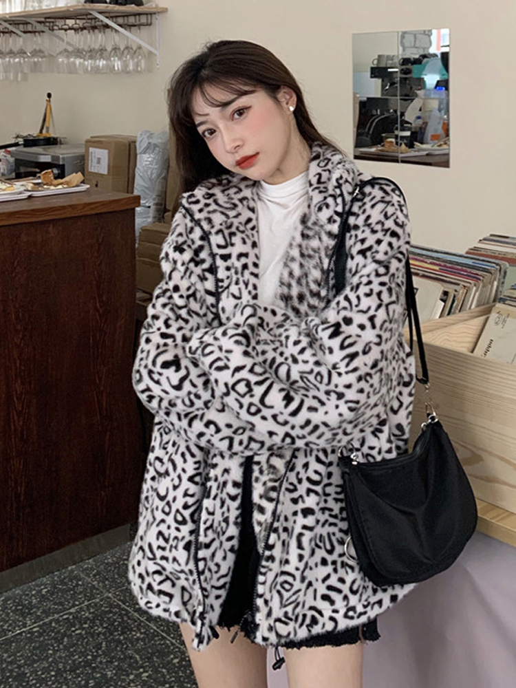 

2021 New Net red contrast color print plus velvet thick coat women' autumn new Korean lazy wind warm top 8LXB, Leopard