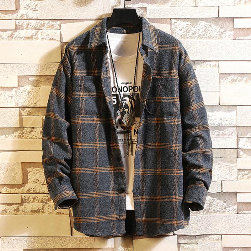 

Men's Long Sleeve Shirt Tops Blouse 2020 Autumn Casual Fashion Plaid Printing Loose Lapel Streetwear Shirt Men Camisas Hombre, Blue