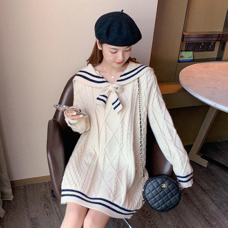 

Japanese Style Sweater Women ' Loose Outer Wear Mid-Length Sailor Collar JK Knitwear Autumn and Winter Fashionable Dress, Beige