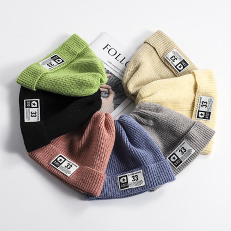 

Simple Solid Color Beanie Hat For Men Women Outdoor Letter Woven Label Winter Skullies Warm Wool Cap Gorros Female Knitted Cap, Black