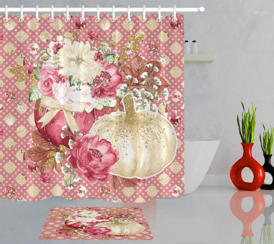 

Golden Pumpkin Vintage Flowers Watercolor Shower Curtain Bathroom Bathtub Home Decoration With 12 Hooks and Bath Doormat1
