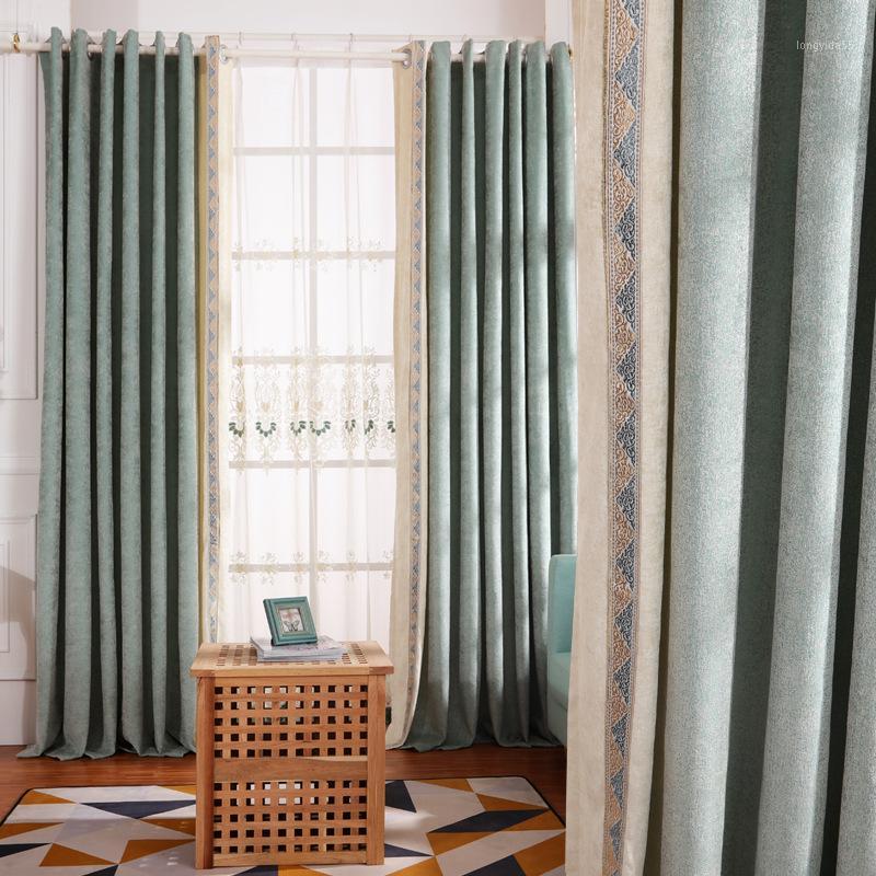 

European and American luxury high quality elegant beige chenille embroidered blackout curtains for living room windows bedroom1, Tulle