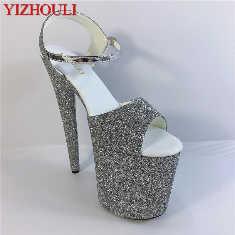 

Sparkly 20cm grey glitter waterproof platform, summer 8 inch stiletto heels/sexy high-heeled pole dancing model walking sandals, Black