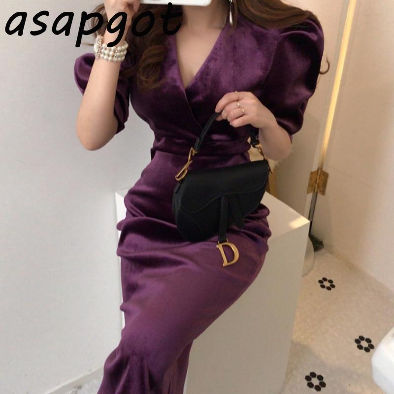 

Casual Dresses Dress Chic Korean Spring Pullovers Plus Size V Neck Puff Short Sleeve Purple Velvet Women Slim Mid-length Sexy Fashion, Black;gray