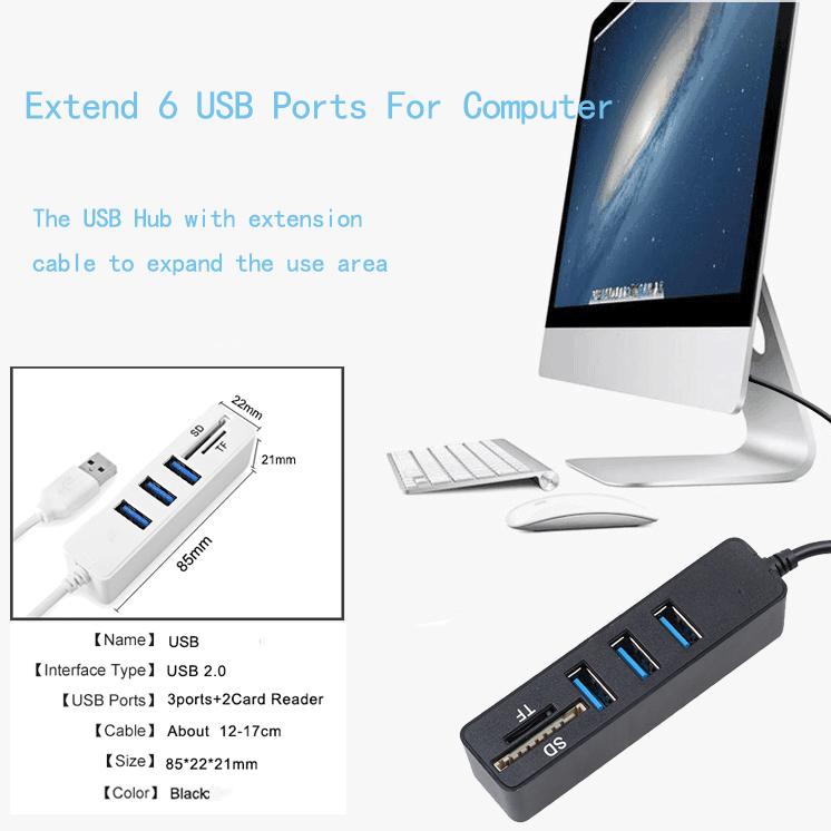 

USB 2.0 3 Port Splitter HUB TF SD Card Reader LED Display Simple Type Up To 480Mbps Fast Speed For Windows For Mac