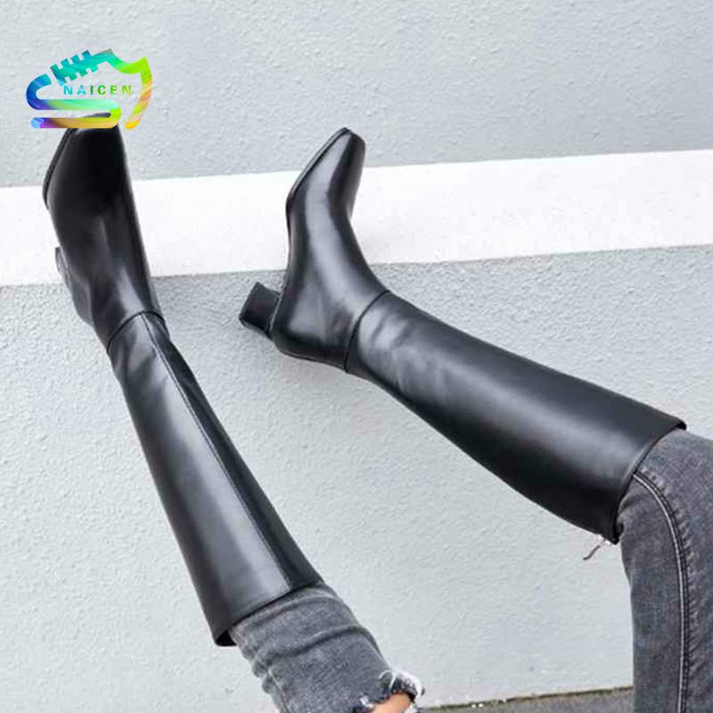 

NAICEN Genuine Leather Big Size Thick Handsome Long Boots Med Heel Square Toe Women Keep Warm Riding Knee-high Boots Goth Shoes, Black 4.5 cm