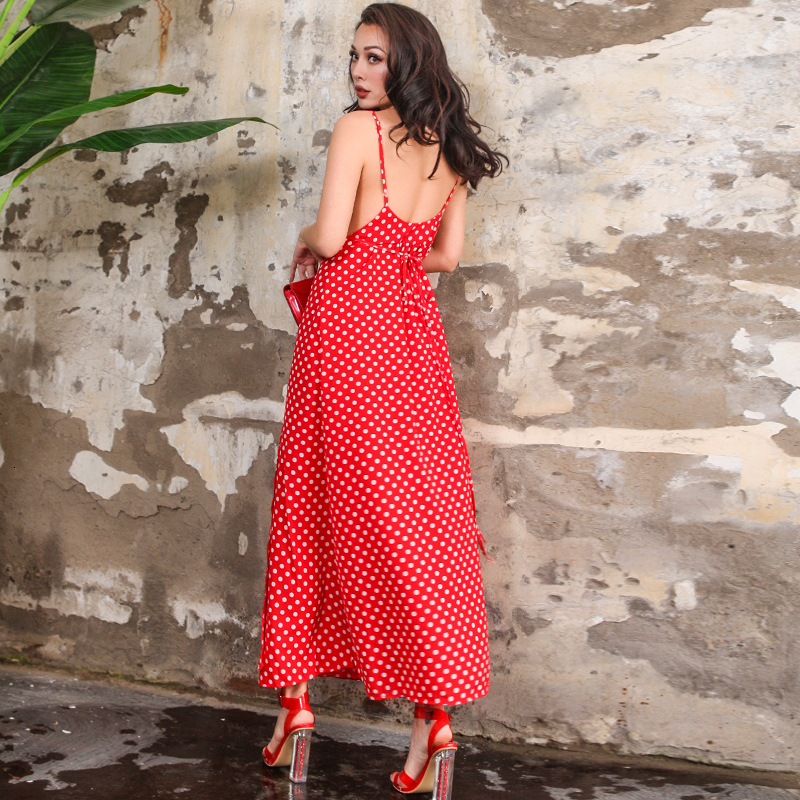 

2021 New Vintage Backless Chiffon Summer Dress Long Sexy Adjustable Cut Spaghetti Cross-side Slits Dot Polka Belts QGBW, Red