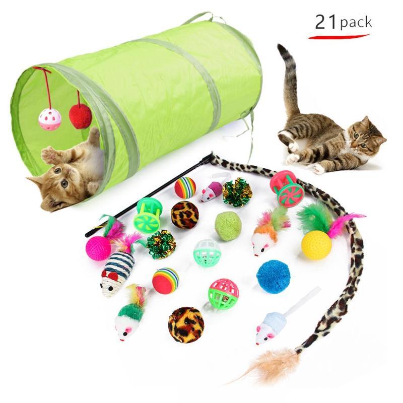 

Cat Toy 21Pcs/Set Pet Kit Collapsible Tunnel Cat toy Fun Feather Mice Shape Pet Kitten Dog Interactive Play Supplies