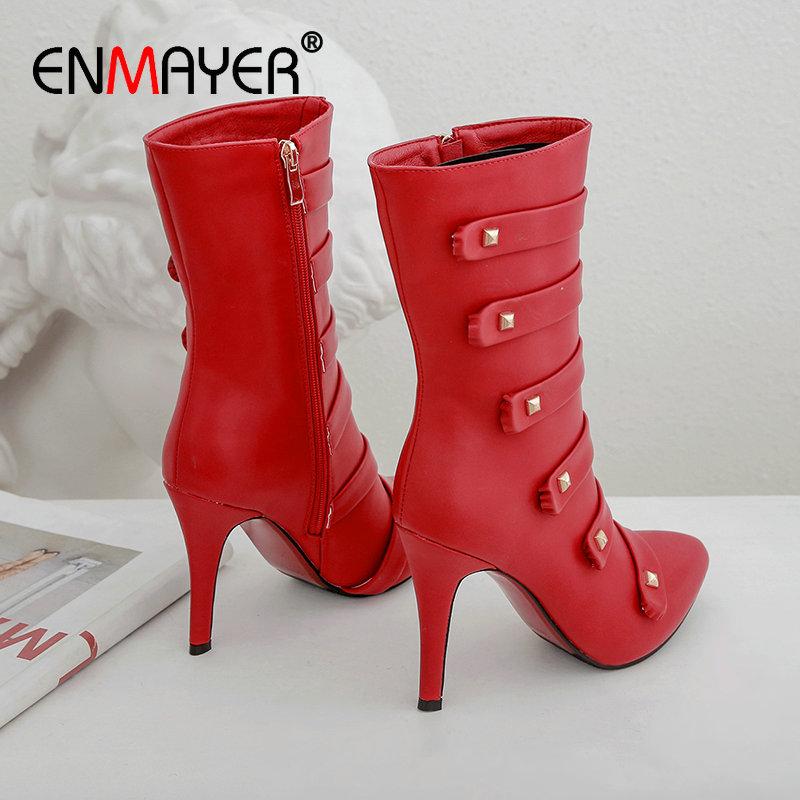 

ENMAYER 2020 Pointed Toe Slip-On Winter Boots Women PU Ankle Boots for Women Thin Heel Basic Short Plush Shoes Size 34-43, Black