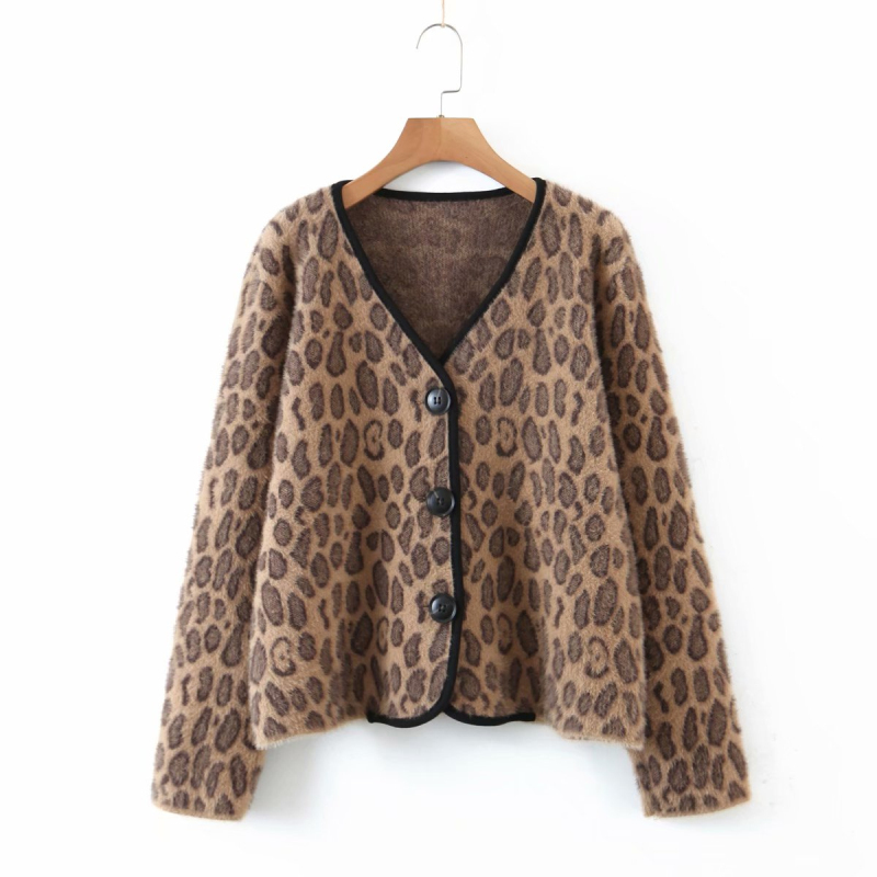 

Puwd vintage leopard woman v neck jacket 2020 fashion ladies Autumn oversized female jackets signle breasted outerwear loose, Brown