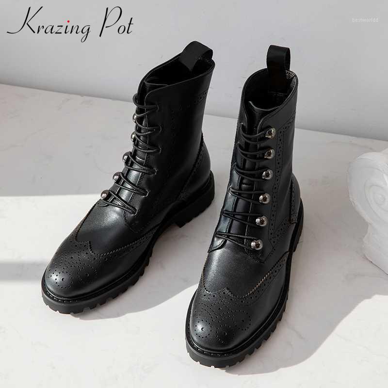

krazing pot metal decorations brogue carved genuine leather boots round toe low heels keep warm women lace up mid-calf boots L391, Black
