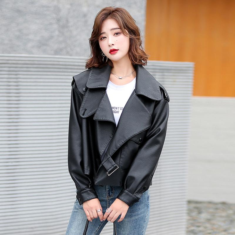 

Women Classic PU Leather Motorcycle Jacket 2020 Autumn Winter New Solid Color Lapel Short Coat Retro Street Style Soft Thick Top, Red