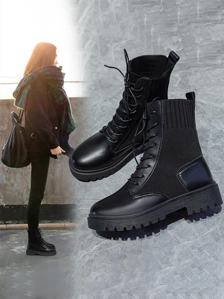 

Thick-bottomed Boots Women's Autumn/Winter 2020 New British Windy Net Red Thin Plus Velvet Short Boots, In the black bill