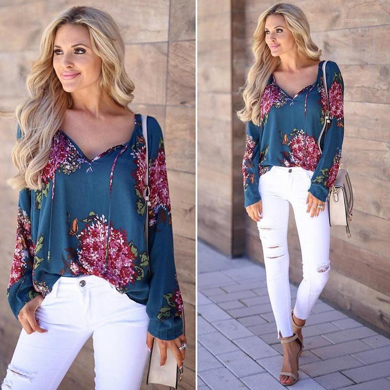 

Autumn Casual Shirt Women Clothes Streetwear Fashion Print Drawstring V-Neck Long Sleeve Sexy Ladies Tops Vetement Femme 20181, Blue