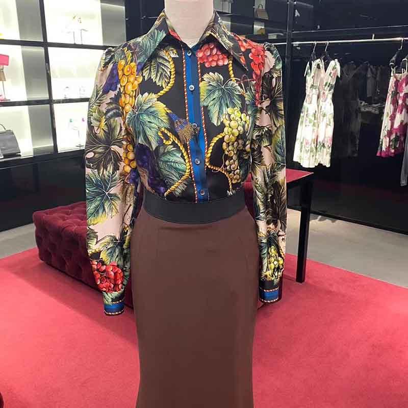 

Cosmicchic Twill Silk Women Blouse Puff-sleeve Grapes Maple-Leaf Print Mandarin Collar Shirt Vintage High Quality Autumn Blusas, Colorful