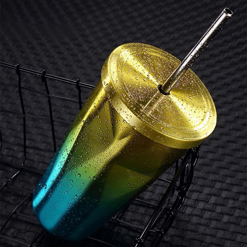 

Stainless Steel Coffee Tumbler With Straw Hot Cold Double Wall Drinking Mug Cup Coffee Travel Mug 500ML Irregular With Lid